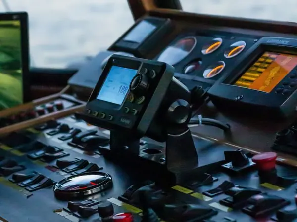 Navigation equipment on a ship bridge console